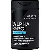 Sports Research® Alpha GPC 630mg (Extra Strength) - Bioavailable Source of Choline - Focus & Cognitive Support for Women & Men - Vegan Certified · Non-GMO · Gluten Free - 60 Liquid Capsules
