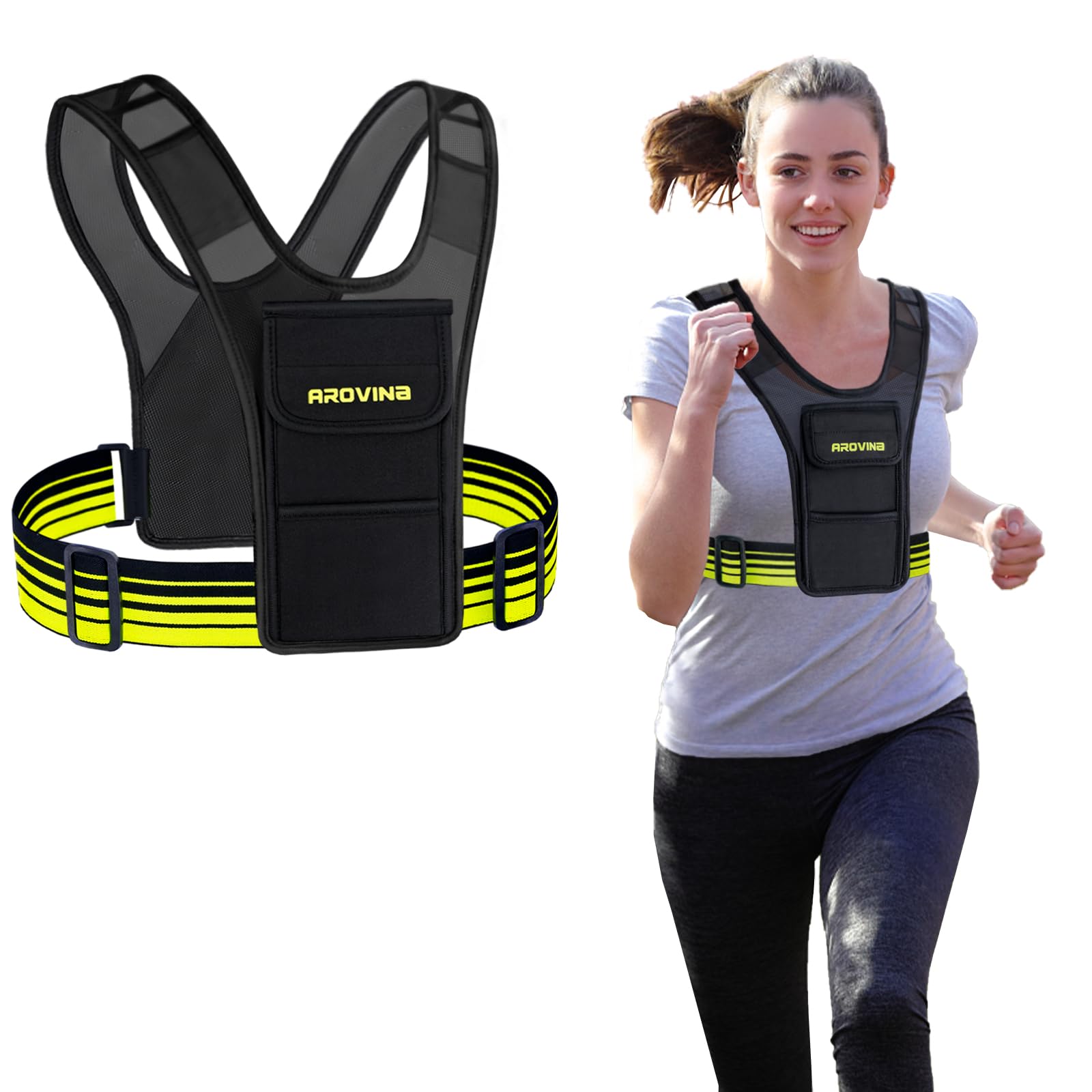 Arovina Running Phone Holder Vest, Reflective Running Vest Phone Holder Mesh Cloth with 3 Pouches for Card, Key&Gel, Lightweight Chest Pouch with Water Bottle Pouch for Running Jogging Training Hiking