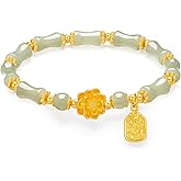 ZHOU LIU FU Sterling Silver Bracelet Silver Green Jasper Lotus Lucky Plate Charm Bracelet Bamboo Beaded Stretch Bracelet for Women Mom Daughter Lover Anniversary Birthday 6.7" Y1914985