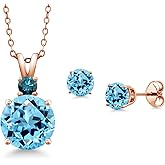 Gem Stone King 18K Rose Gold Plated Silver Round Swiss Blue Topaz and Blue Diamond Pendant and Earrings Jewelry Set For Women (6.01 Cttw, Gemstone Birthstone, with 18 Inch Chain)