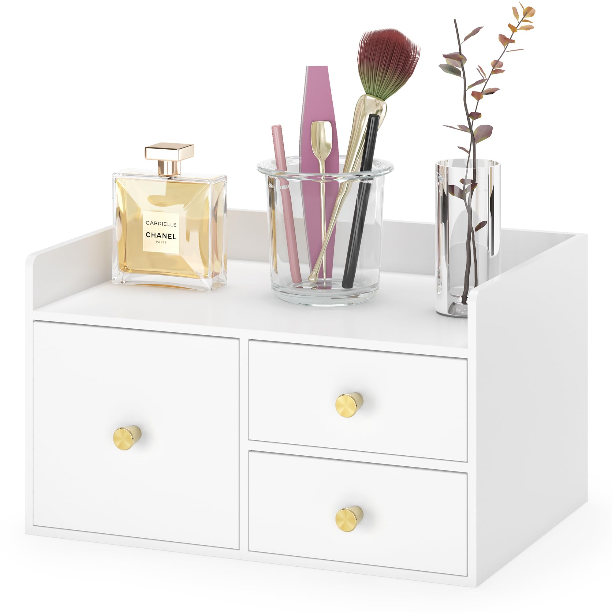 Photo 1 of Bamboo Desk Organizer with Drawers Wooden Desktop Storage Drawers for Bills Office Supplies Kitchen Utensils Organizing Tool for Home Classroom Organization No Assembly (3 Drawer, White)