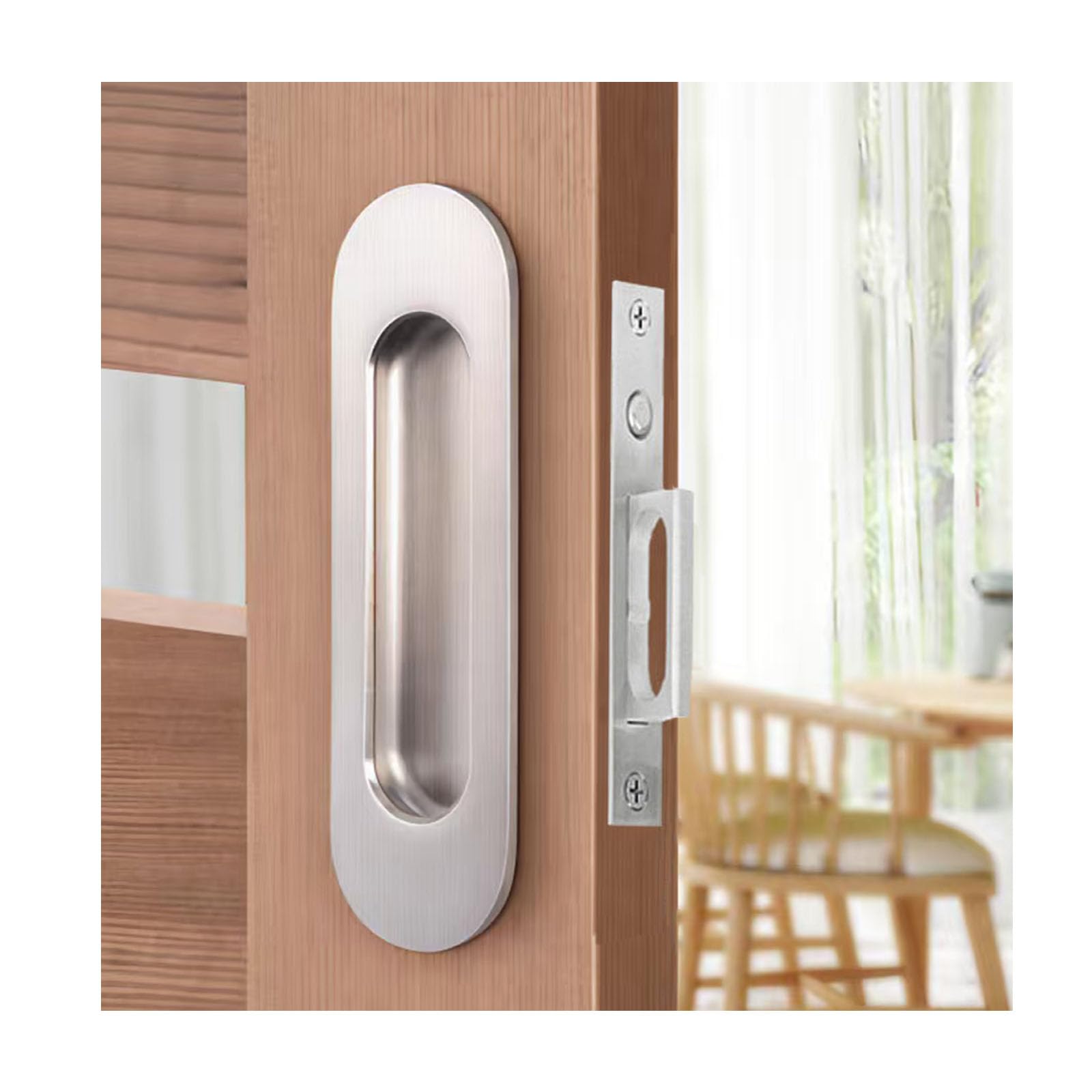 Photo 1 of Pocket Door Handles with Edge Pull,6 inch Oval Recessed Flush Pocket Door Pull Handle,304 Stainless Steel Pocket Door Hardware, Hidden Edge Pull with Push Automatic Bounce Switch,Silver
