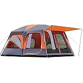 8–10-12 Person Camping Tent, 2 Room Family Tent with Zippered Divider, Porch, Rainfly, Extra Large Waterproof Cabin Tent with 3 Mesh Doors & Windows, Easy Setup 7.1 ft Tall Tent for Outdoor Camping