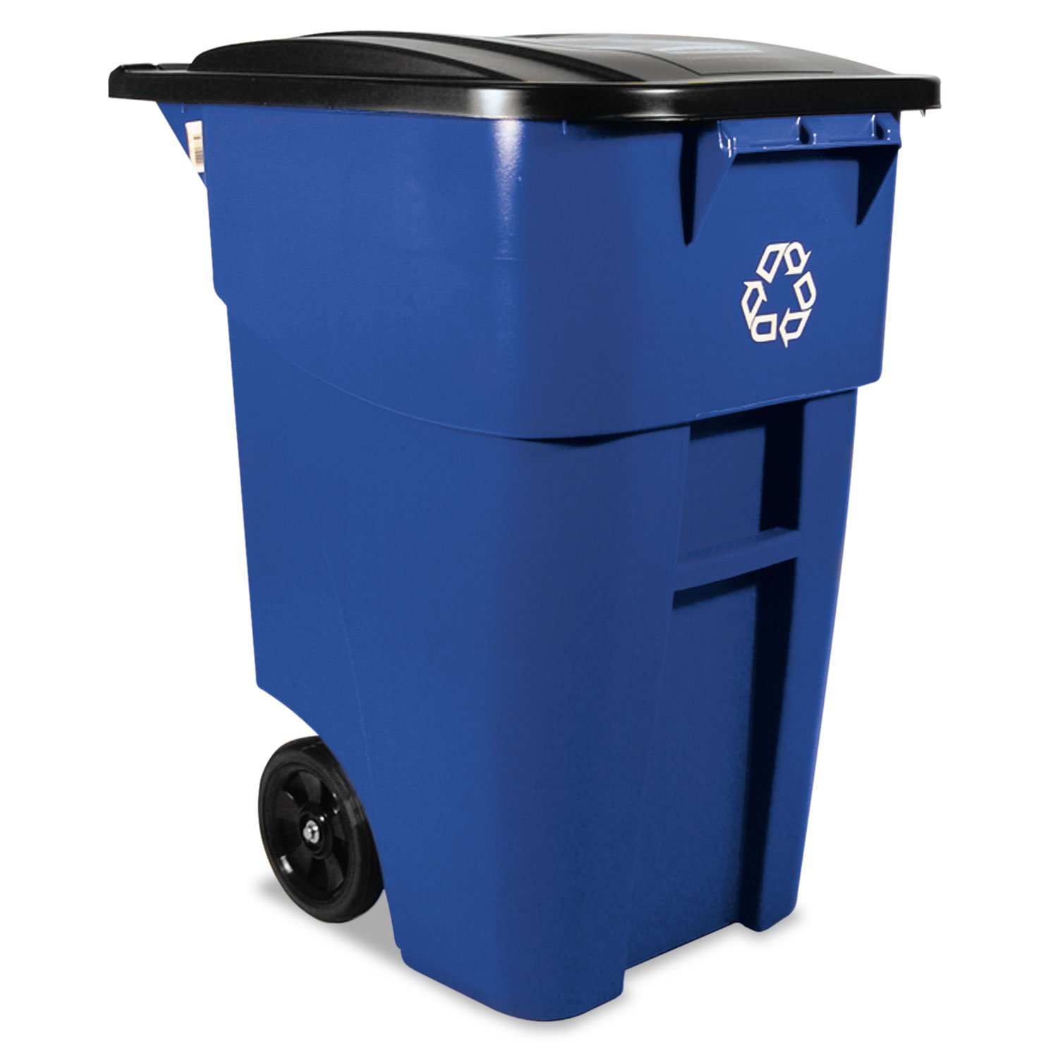 Photo 1 of **** missing one wheel******Rubbermaid Commercial Products BRUTE Rollout Heavy-Duty Wheeled Recycling Can/Bin, 50-Gallon, Blue Recycling, for Restaurants/Hospitals/Offices/Warehouses/Garage