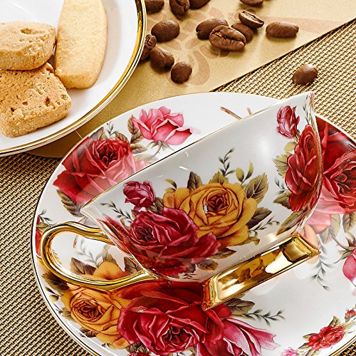 Panbado 3 Piece Bone China Coffee Tea Cup and Saucer Set with Spoon, 6.8 oz/200 ml, Yellow and Red Rose - Thumbnail 5