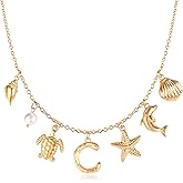 NEKOL Initial C Charm Necklace For Women, Boho Gold Summer Beach Surfer Letter Necklace Starfish Seashell Pearl Turtles Dolphin Charms Pendant, Trendy Pendant Alphabet Choker Necklace Jewelry Gifts