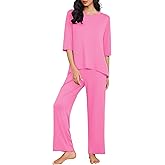 Ekouaer Womens Lounge Sets 2 Piece Pajamas Sets 3/4 Sleeve Tops and Long Pants Soft Pjs Loungewear with Pockets