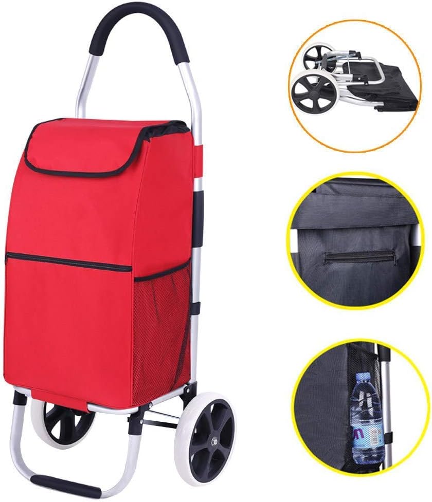 Shopping Trolleys Folding Portable Trolley Trailer, Aluminum Alloy Lever, Home Grocery Shopping Cart (Red)