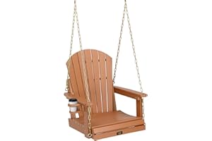VINGLI Heavy Duty 880 LBS HDPE Porch Swing Outdoor with Rotatable Cup Holder, 1-Person Patio Hanging Swing with Adjustable Chains for Porch, Yard, Tree, Garden (Teak)