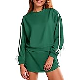 Fisoew Womens 2 Piece Outfits Casual Crewneck Tie Sweatshirt High Waisted Running Skort Skirts Workout Tracksuit Sets