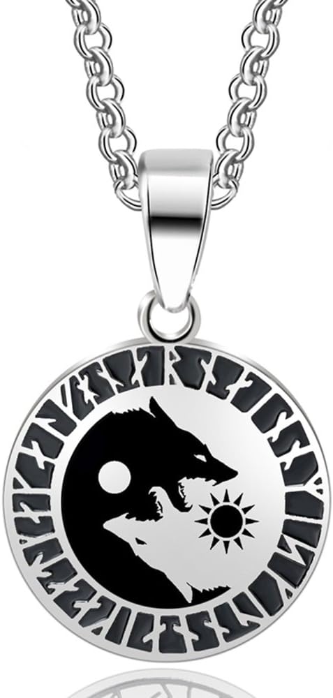 HANDMADE JEWELLERY - Werewolf Sun Moon Stainless Steel Norse Vikings Pendant Necklace Viking Amulet Pendant (55MM(22 Inches))