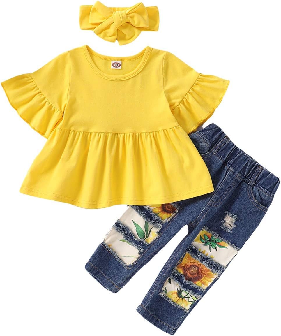 ZOEREA 3PCS Toddler Girls Clothes Summer Sunflower Outfit Ruffle Sleeve T-Shirt+Ripped Jeans Pants+Cute Headband