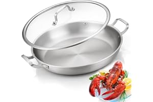 Tri-Ply Stainless Steel Paella Pan, 14.5 inch Large Skillet,12 Servings 18/10 Large Paella pan with Lid,Jumbo Cooker,Perfect 