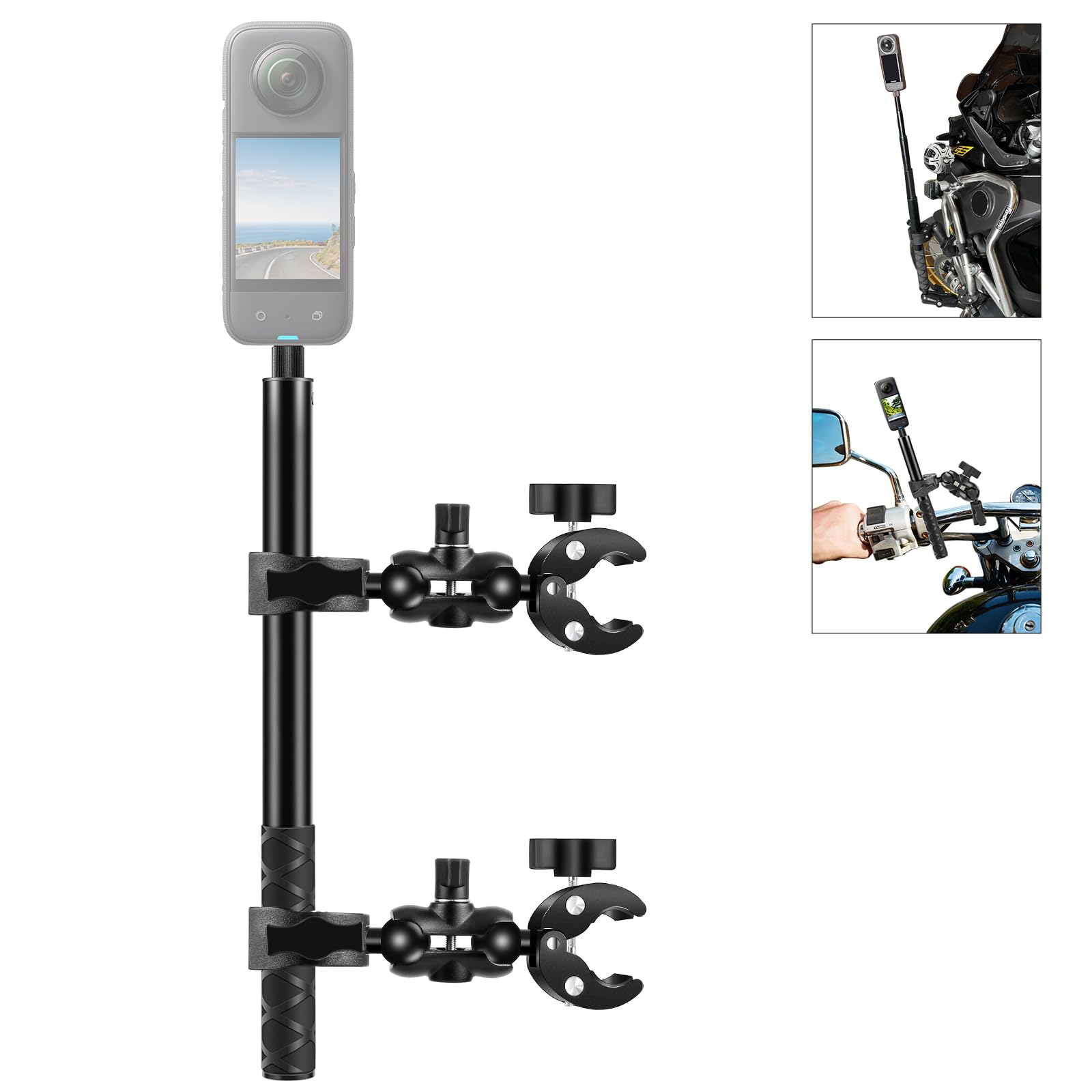 PULUZ Motorcycle Bike Handlebar Dual-heads Crabs Clamp Fixed Mount for Insta360 X5 X4 Ari X3 ONE RS, 1.5m Selfie Stick Fixed Clamp Bracket Set for Gopro Hero 13 12/DJI Osmo 360, Action 6 Accessories