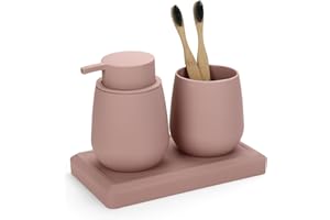 DAHACIS Pink Bathroom Accessories Set, Modern 3 Pcs Bathroom Essentials - Soap Dispenser, Toothbrush Holder & Tray, Counterto