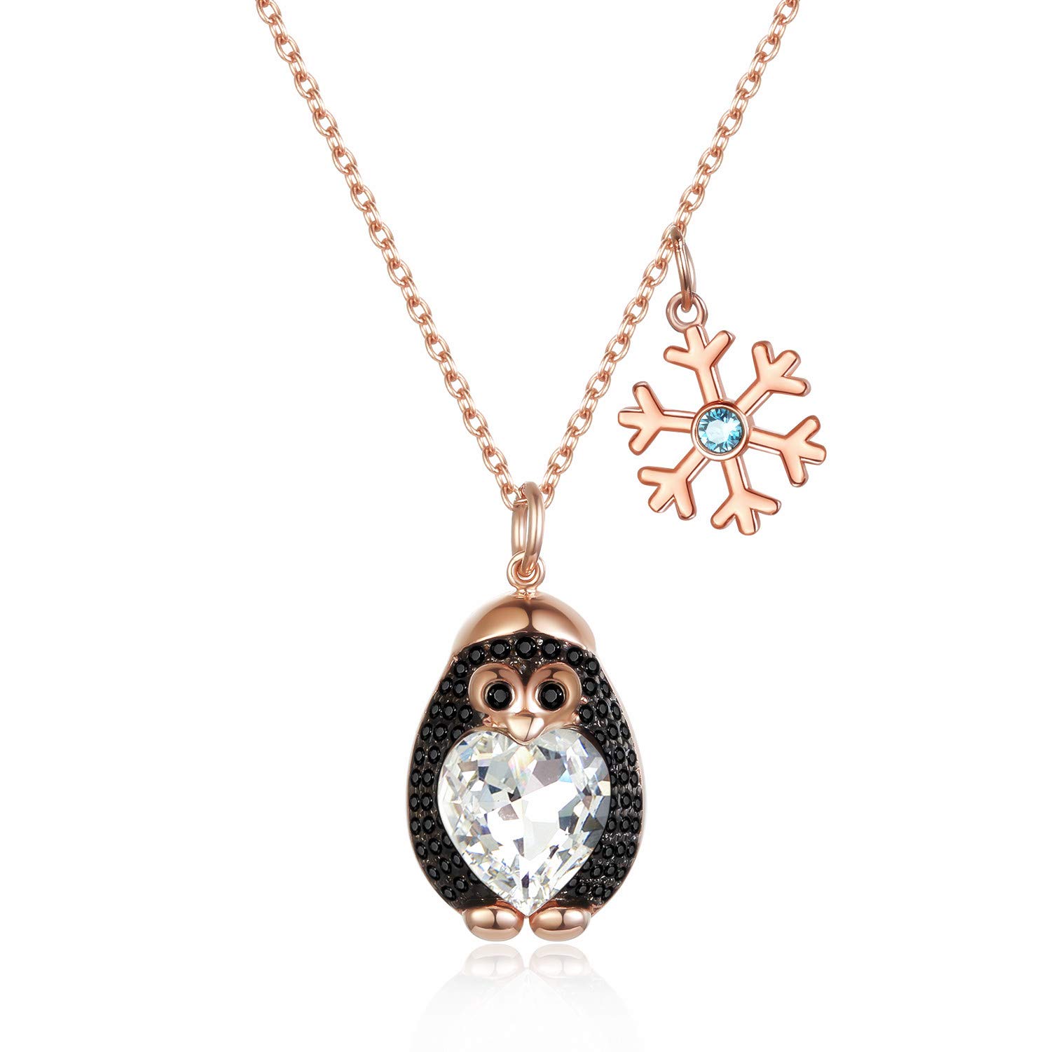 AOBOCO Sterling Silver Penguin Snowflake Necklace with Heart Crystal, Cute Animal Pendant Jewelry Gift for Her, Rose Gold Plated