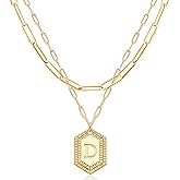 MEVECCO Dainty Gold Initial Necklace for Women 18K Gold Plated Layered Paperclip Link Chain Necklace Personalized Cute Hexagon Letters for Women Everyday Wear Jewelry