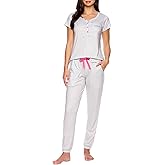 bebe Womens Pajama Set, Short Sleeve Shirt with Lace Jogger PJ Pants Lounge Sets for Women