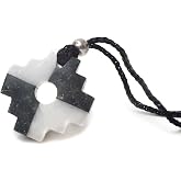 Shamans Market Peruvian Chakana Necklace - Two Color Stone - Black Serpentine &amp; White Alabaster Andean Cross on 26 Inch Braided Cord - Handmade in Peru