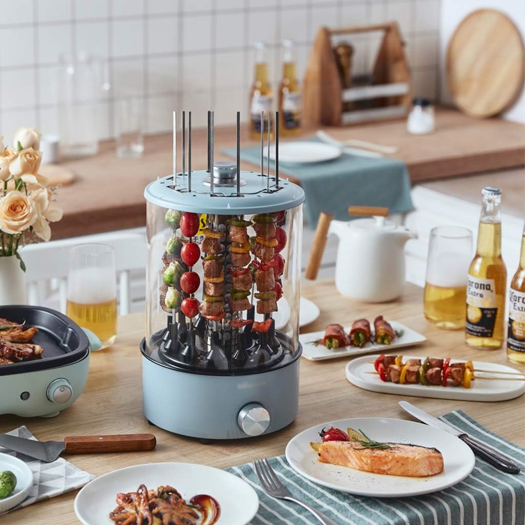 review GEXIN Household 360 ° Automatic Roasting Barbecue, Stepless Knob to Adjust The Temperature, Smokeless, 1100W (Light Blue)