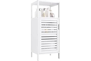 HITNET Bamboo Bathroom Storage Cabinet, 4 Tier Small White Floor Cabinet with Single Door, Free Standing Slim Narrow Storage Organizer for Bedroom Living Room