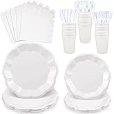 NatNarr 175 Pcs White Plates and Napkins Set, 25 Guest White Party Supplies Include Scalloped Plate Paper Napkin Cup Forks Knives Disposable Plastic Cutlery for Wedding Baby Shower Birthday Party