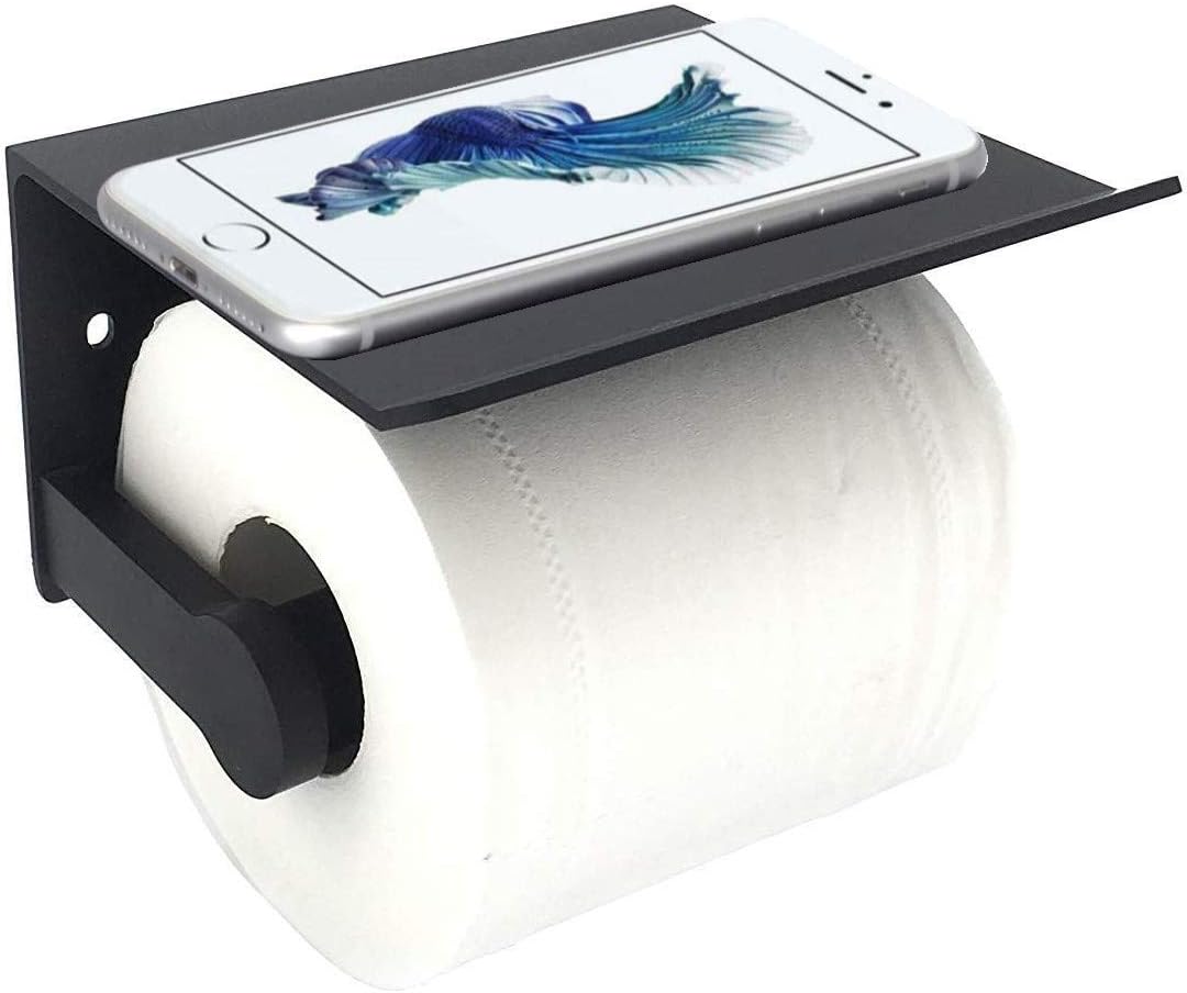 GeeRo Toilet Paper Holder With Phone Shelf, SUS 304 Stainless Steel Kitchen Bathroom Paper Roll Holder Stand, Wall Mount Toilet Tissue Holder Rustproof Tissue Roll Holder(Black)