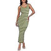 ZESICA Women's Summer Square Neck Bodycon Midi Dresses 2026 Casual Sleeveless Ribbed Knit Striped Beach Vacation Long Dress