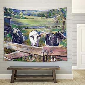 Landscape with Cows in Lower Saxony - Hand Painted Acrylic Paint Sketch on Board - Fabric Wall Tapestry Home Decor - 51x60 inches