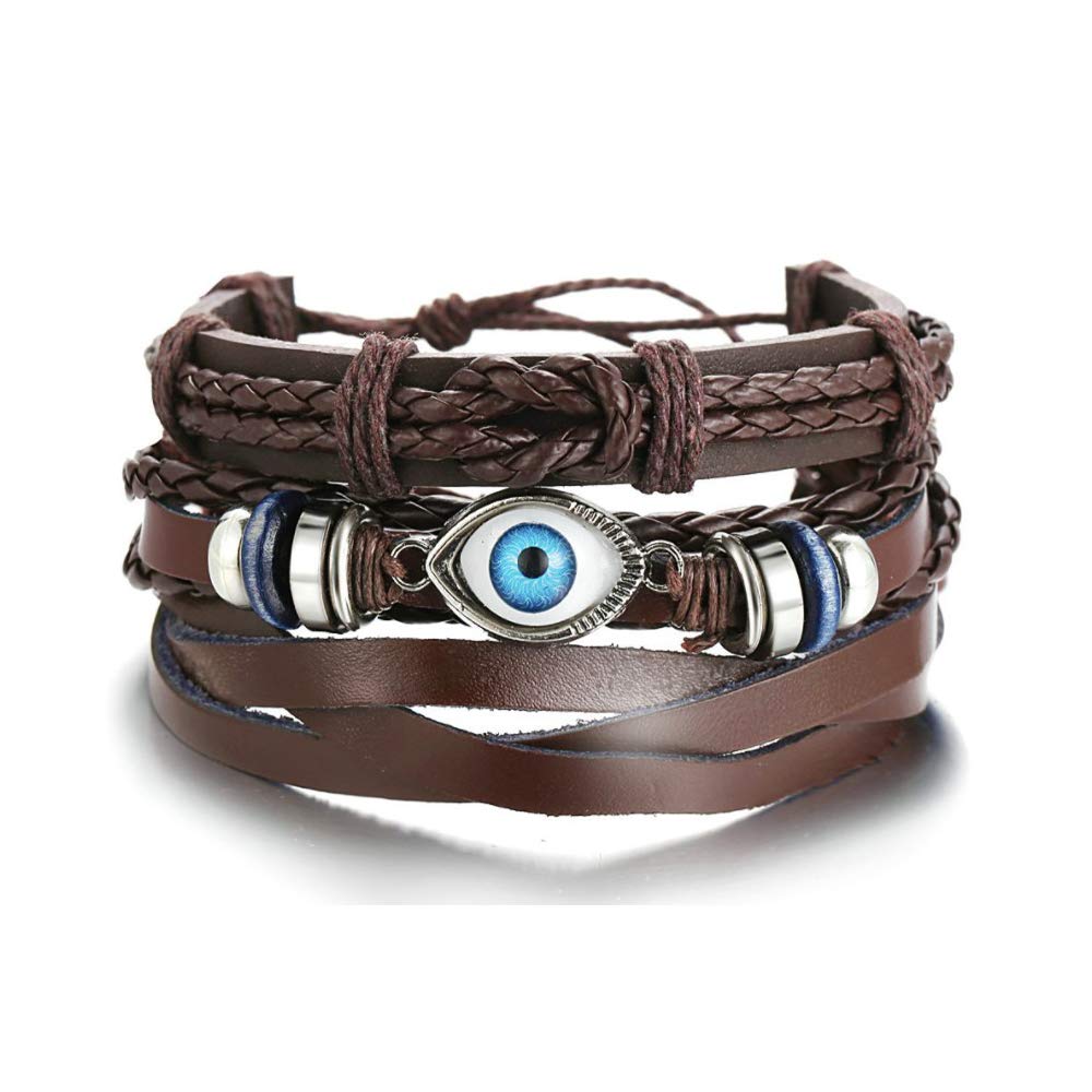 MiniJewelry Multilayer Evil Eye Hamasa Braided Leather Bracelets Birthday Jewellery Gift for Women Men Daughter Son Brown Adjustable Wrap 3PCs