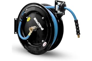 BLUBIRD BBR1250 20ga. Retractable Hose Reel with 1/2" X 50' Air Hose, 12 Point Ratcheting Gear, Next-Gen Rubber, Lightest, Strongest, Most Flexible, 300 PSI, 50F to 190F Degrees, Polyester Braided