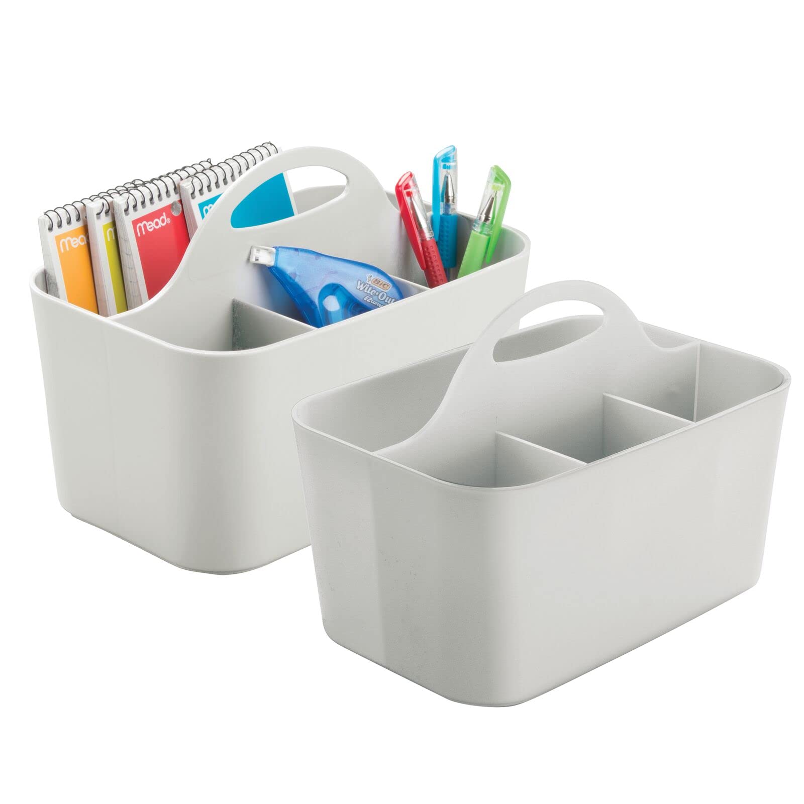 mDesign Small Plastic Office Storage Organizer Utility Tote Caddy Holder with Handle for Cabinets, Desks - Holds Desktop Office Supplies, Gel Pens, Pencils, Markers, Staplers - 2 Pack - Light Gray