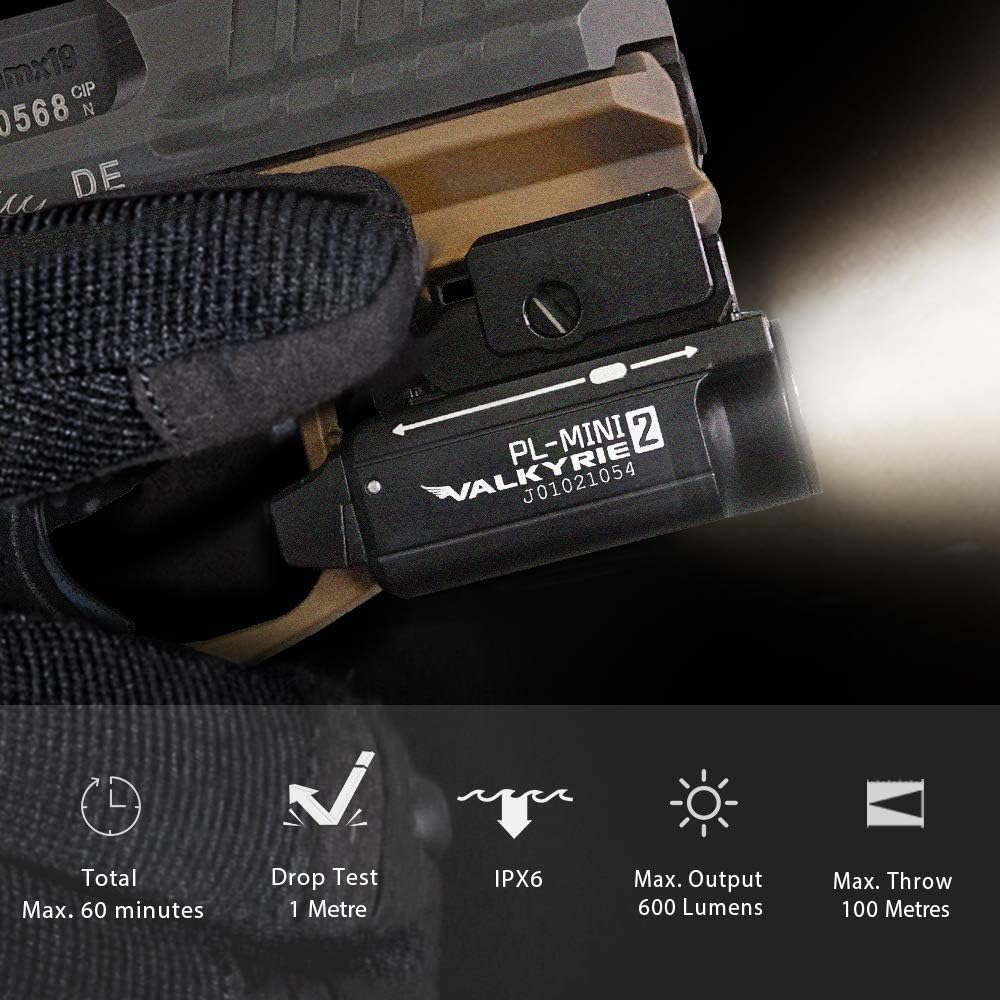 OLIGHT PL-Mini 2 Valkyrie 600 Lumens Magnetic USB Rechargeable Compact Weaponlight with Adjustable Rail, High Performance CW LED Tactical Flashlight with Built-in Battery (Black): Sports & Outdoors
