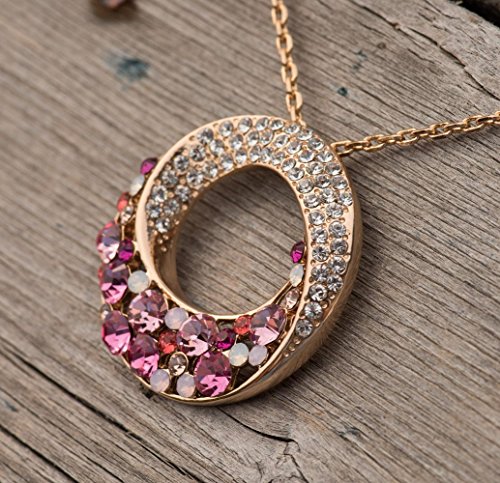Twin Moons Rose Gold Tone Multi-Stone Pink & Red Swarovski Elements Crystal Twisted Circle Pendant Necklace - Chain Chain 18" + 2" Extender