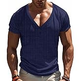 TAFLE Mens Casual Deep V-Neck T-Shirts Henley Shirt Dry Fit Short Sleeve Mens Casual Waffle Textural Summer T-Shirt