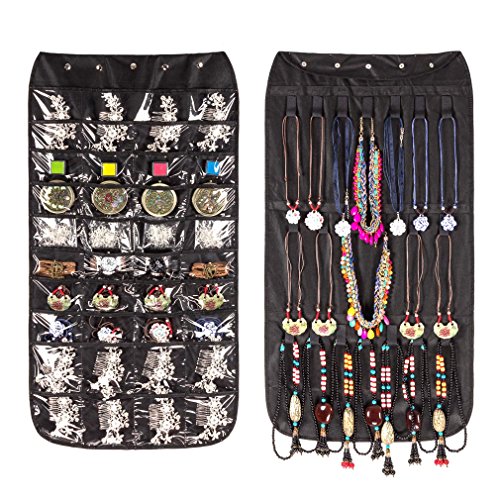 Jewelry Organizer Hanging Bag 40 Pockets & 20 Hook-and-loop Tabs Earrings Necklace Bracelet Holder Dual Sided Space-Saving Household Closet Accessory Storage Bag with Hanger (Black)