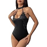 GIYKBX Women's Satin Appliques Halterneck Backless Sexy Slim Sleeveless Cami Bodysuit Top