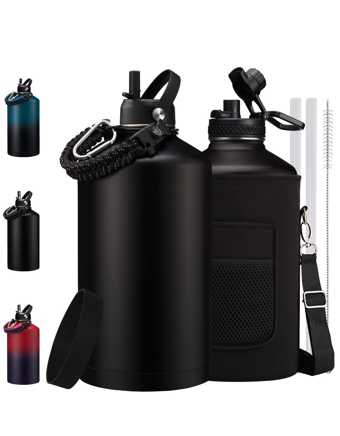 Photo 1 of 1 Gallon Water Bottle Insulated 128oz - Stainless Steel Water Bottles Keep Cold 48H, Fitness Sports Water Bottle with Straw & Spout Lid, Paracord Handle, Carrier Bag with Strap,Black 128 OZ Jug