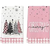 Artoid Mode Pink Buffalo Plaid Xmas Tree Merry Christmas Kitchen Towels Dish Towels, 18x26 Inch Winter Snowflakes Decoration Hand Towels Set of 2