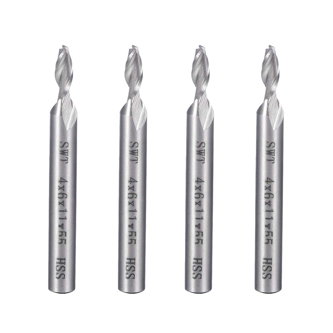 sourcingmap 4pcs 6mm Shank 4mm x 11mm Straight Flat Nose End Mill Cutter CNC Router Bits 2 Flute