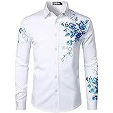 ZEROYAA Mens Hipster Printed Slim Fit Long Sleeve Button Up Party Dress Shirts