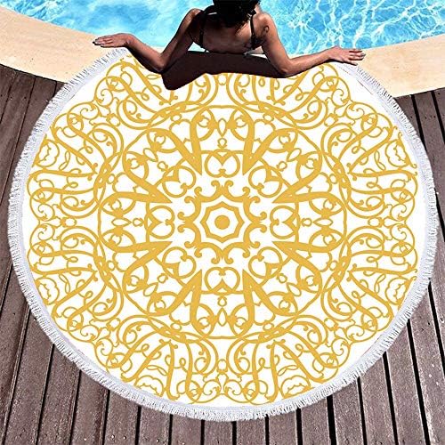 Thick Round Beach Towel Bach Blanket,Vintage Yellow Mandala Pattern,Large-Size Round Fringed Polyester Beach Towel, Super Soft Absorbent Sand-Proof Multi-Functional Beach Hug, Suitable For Beach Campi
