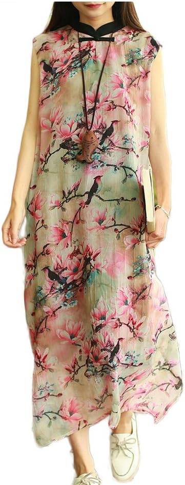 LZJN Women Floral Print Dress Chiffon Chinese Cheongsam Style Long Dress Pink