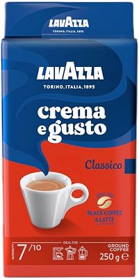 Lavazza, Crema e Gusto Classico, Café Natural Moído, Ideal para Cafeteira Italiana, Filtro e Francesa, com Notas Aromáticas de Especiarias, Arábica e Robusta, Intensidade 7, Torra Escura, 250 g