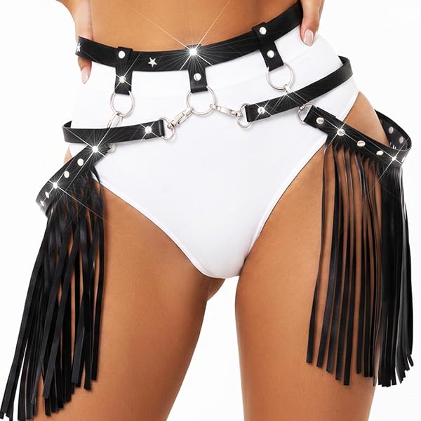 Punk Leather Waist Chain Black Tassel Fringe Belt Rave Belly Belt Harness Bikini Amazon.com: ASOOLL Cowgirl Fringe Belt Pink Leather Tassel  main image 2
