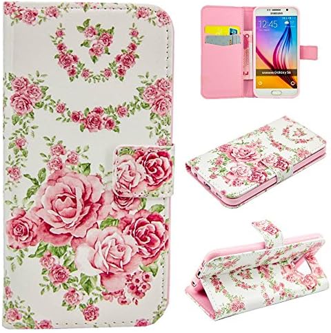 Ziotechnology Samsung Galaxy S6 Case Flip Magnetic Closure Stand Function Soft Silicone Bumper Premium PU Leather Protective Wallet Cover Skin Shell-Pink Rose Flowers