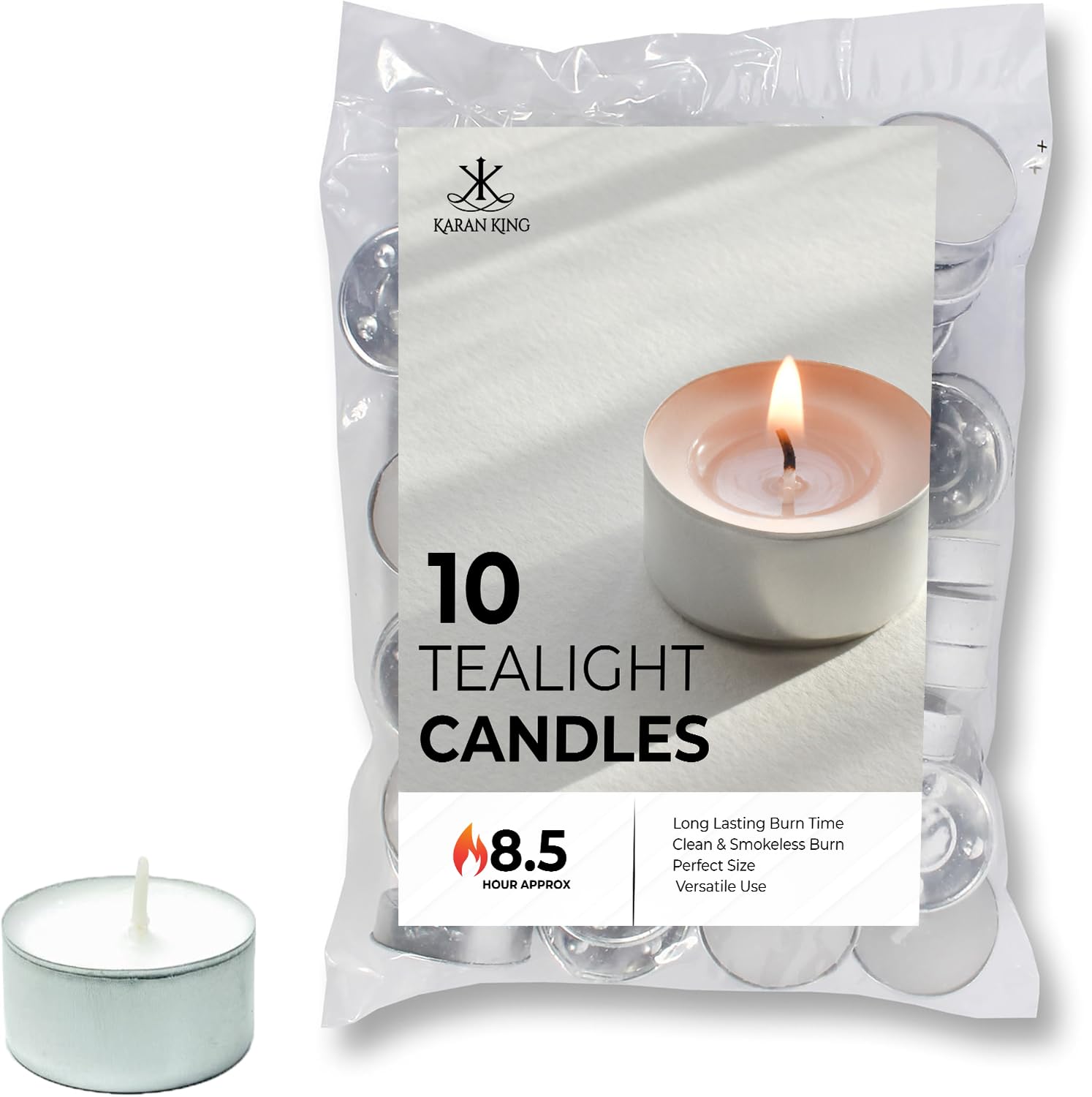 Karan King - 10 Pack 8 Hour UNSCENTED Long Burning TEALIGHT Candles - Long Lasting - Cotton Wicks - Versatile (Weddings, Birthdays, Parties, Restaurants, Massage Parlors, Spa) (10 Pack)