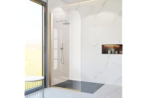 PHMUNY Glass Shower Panel, 34" W x 74" H Semi-Framed Fixed Shower Glass Panel in Brushed Gold with 5/16"(8mm) Clear Tempered Glass Door, Simple Shower Door Panel for Bathroom
