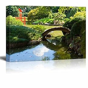 Canvas Prints Wall Art - Japanese Garden and Pond with a Red Zen Tower | Modern Wall Decor/Home Decoration Stretched Gallery Canvas Wrap Giclee Print & Ready to Hang - 12" x 18"