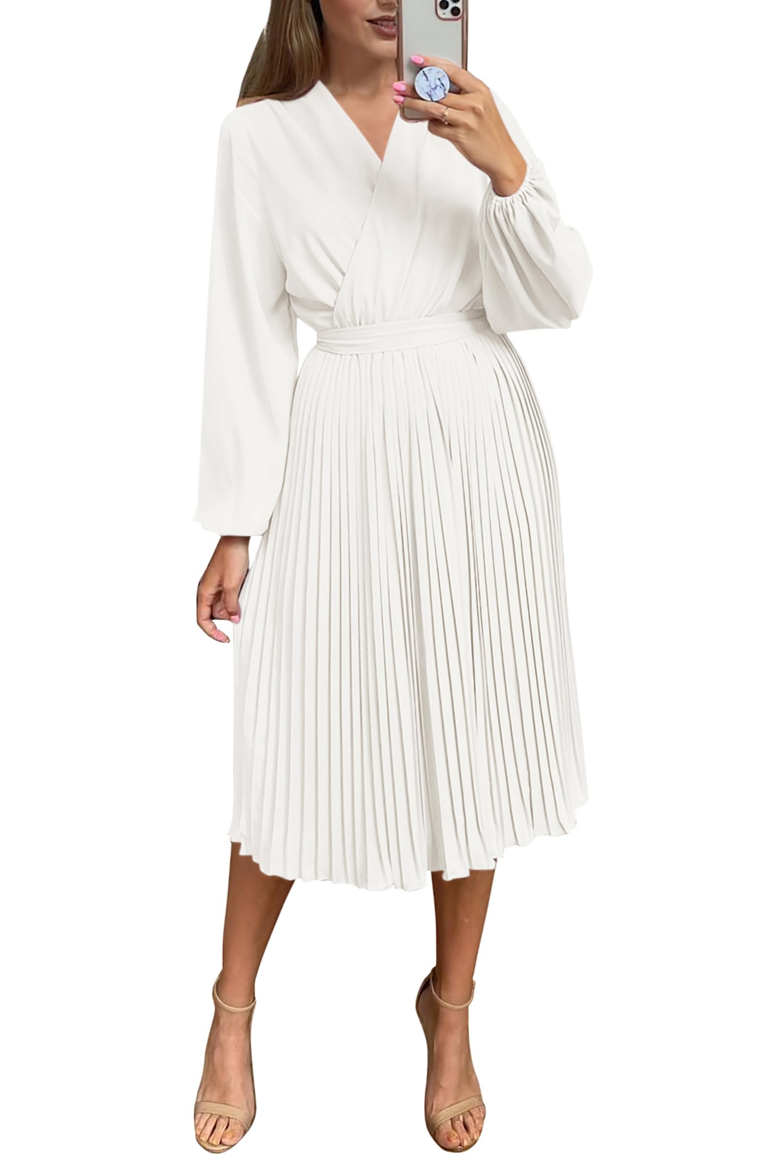 Photo 1 of ***NEEDS TO BE WASHED***PRETTYGARDEN Women's Spring Midi Dress Long Puff Sleeve Wrap V Neck Flowy Ruffle Pleated Casual Fall Dresses (White,Medium)